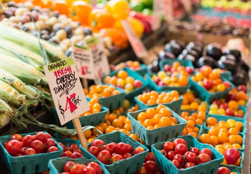 Crates of fresh produce at a market